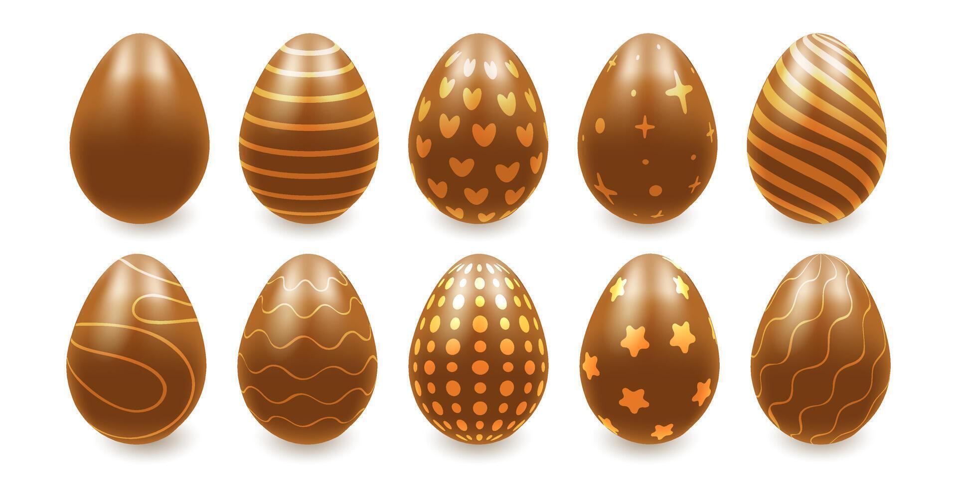 A set of chocolate Easter eggs with gold patterns on a white background. 3d illustration vector
