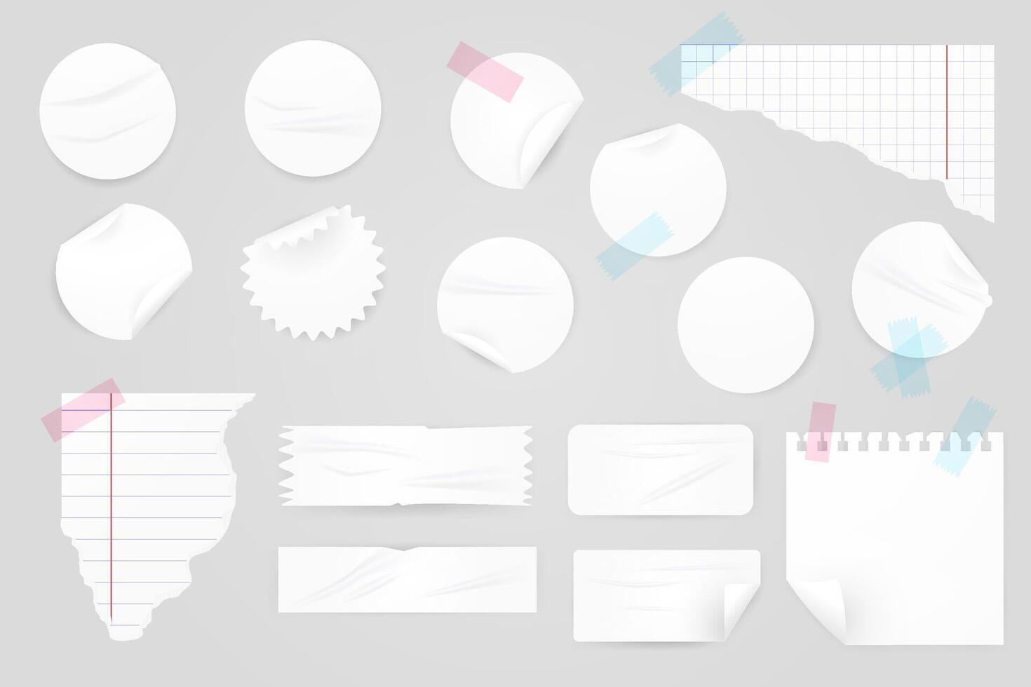 realistic illustration set of white round and rectangular stickers, clip art, paper pieces vector