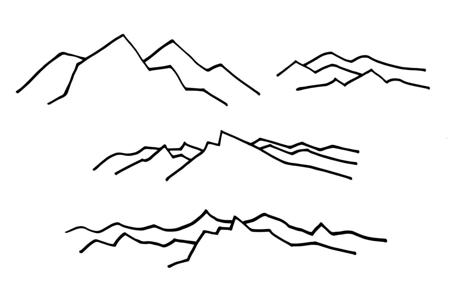 Alps Mountains sketches. Hand drawn line set with Hilly landscape and rocks. Tourism, travel, nature, lifestyle. For sign, card, print, logo, paper, poster, tattoo vector