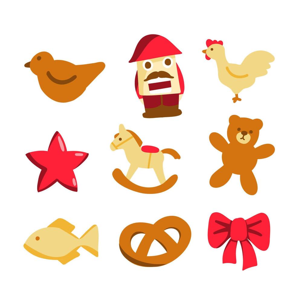 Flat Holiday Merry Christmas Rough Naive Cute Element Collection Drawing of Bird, Nutcracker, Rocking Horse, Star, Fish, Bretzel, Teddy Bear. vector