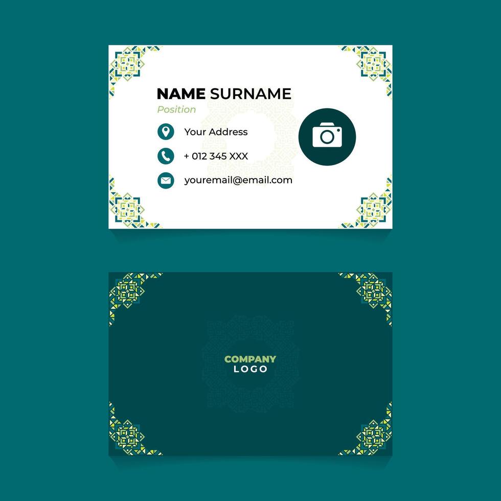 Name Card Design with Green Pastel Oriental Frame and Silhouette Ornament vector