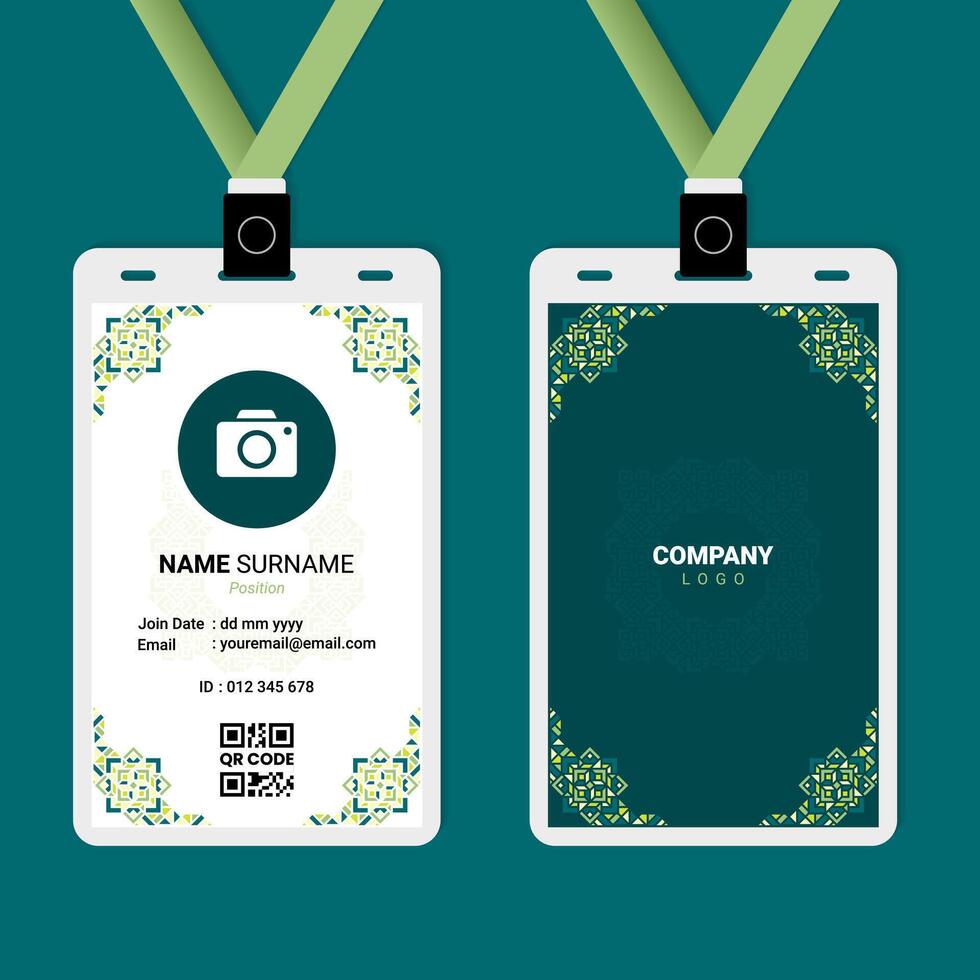 ID Card Design with Green Pastel Oriental Frame and Ornament Silhouette vector