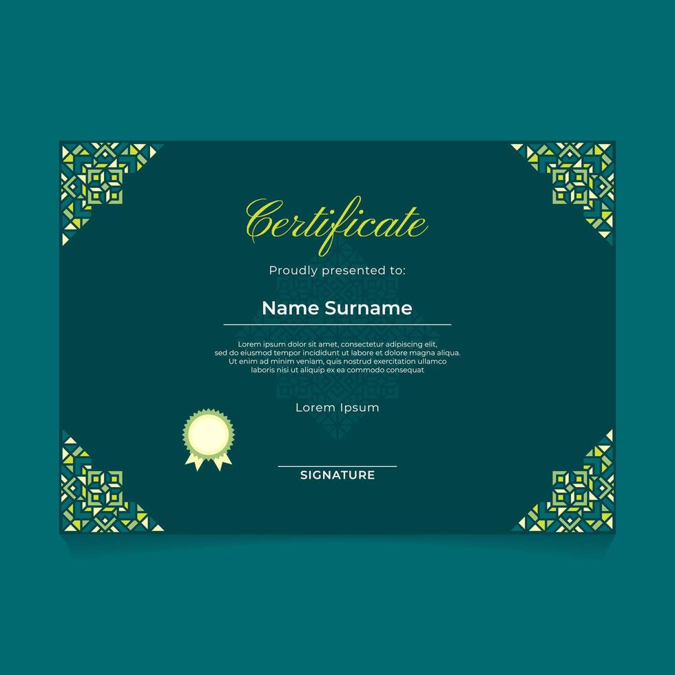 Certificate Design with Green Pastel Ornament on The Corner with Dark Theme vector