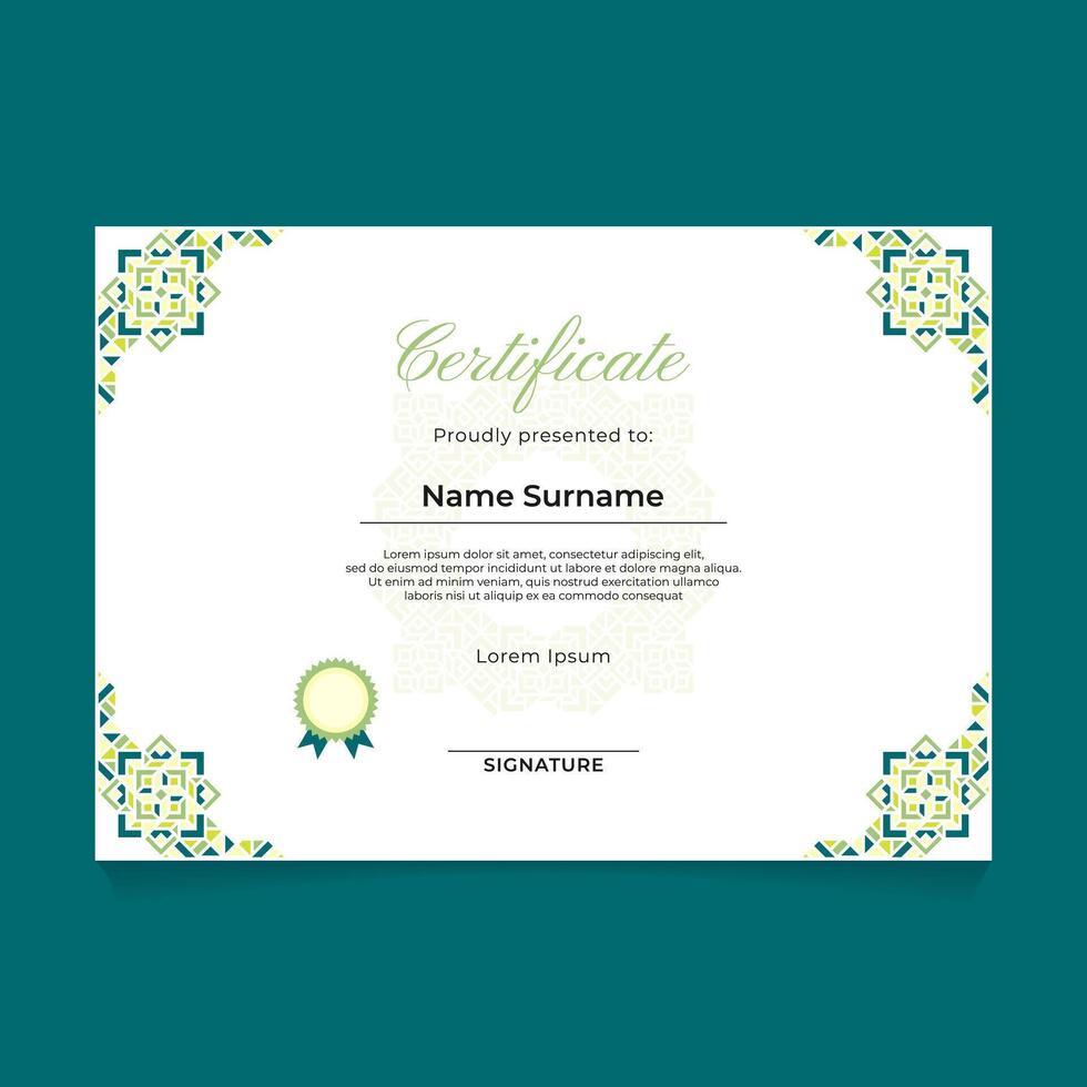 Certificate Design with Green Pastel Oriental Frame and Ornament Silhouette vector