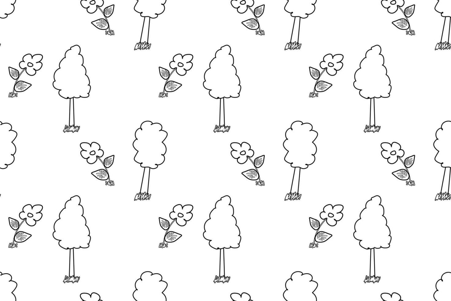 Black-and-white seamless illustration featuring trees and flowers. Ideal for children s coloring activities and creative projects. vector
