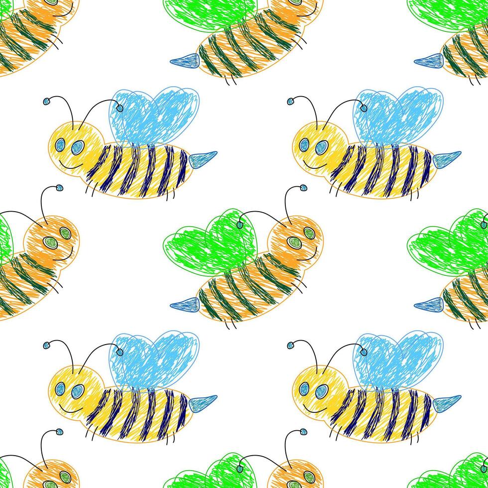 Colorful seamless pattern with hand-drawn bees featuring vibrant green and blue wings and striped bodies. vector
