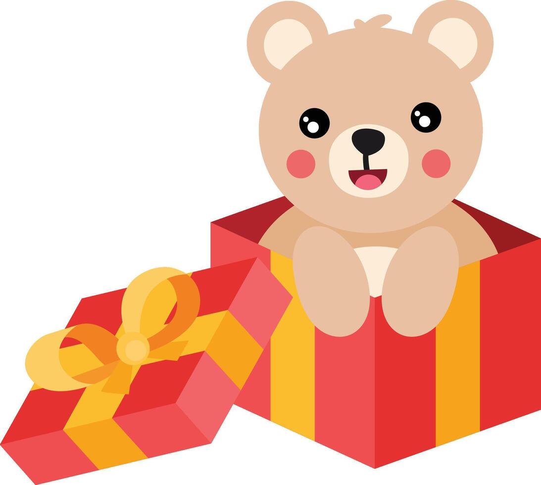 Cute teddy bear going out of red gift open vector