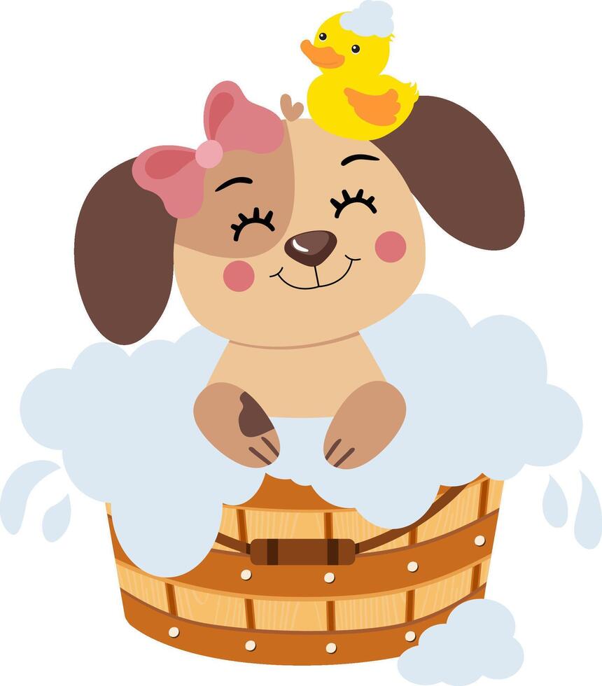 Sweet female puppy taking a bath in wooden tub with duck on head vector