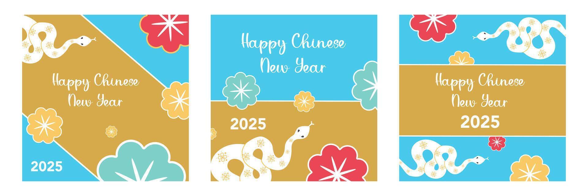 Set of Happy Chinese New Year greeting with snakes illustration on blue and gold background for banner, poster and card. vector