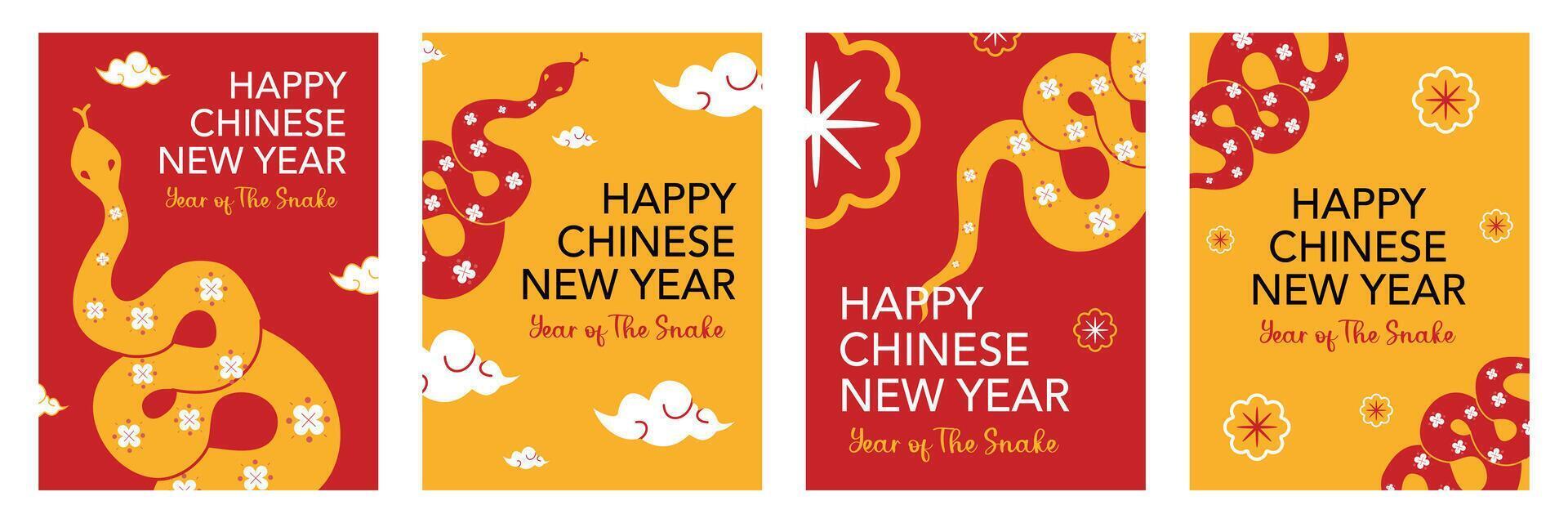Set of Happy Chinese New Year greeting with snakes illustration on red and orange background for banner, poster and card. vector