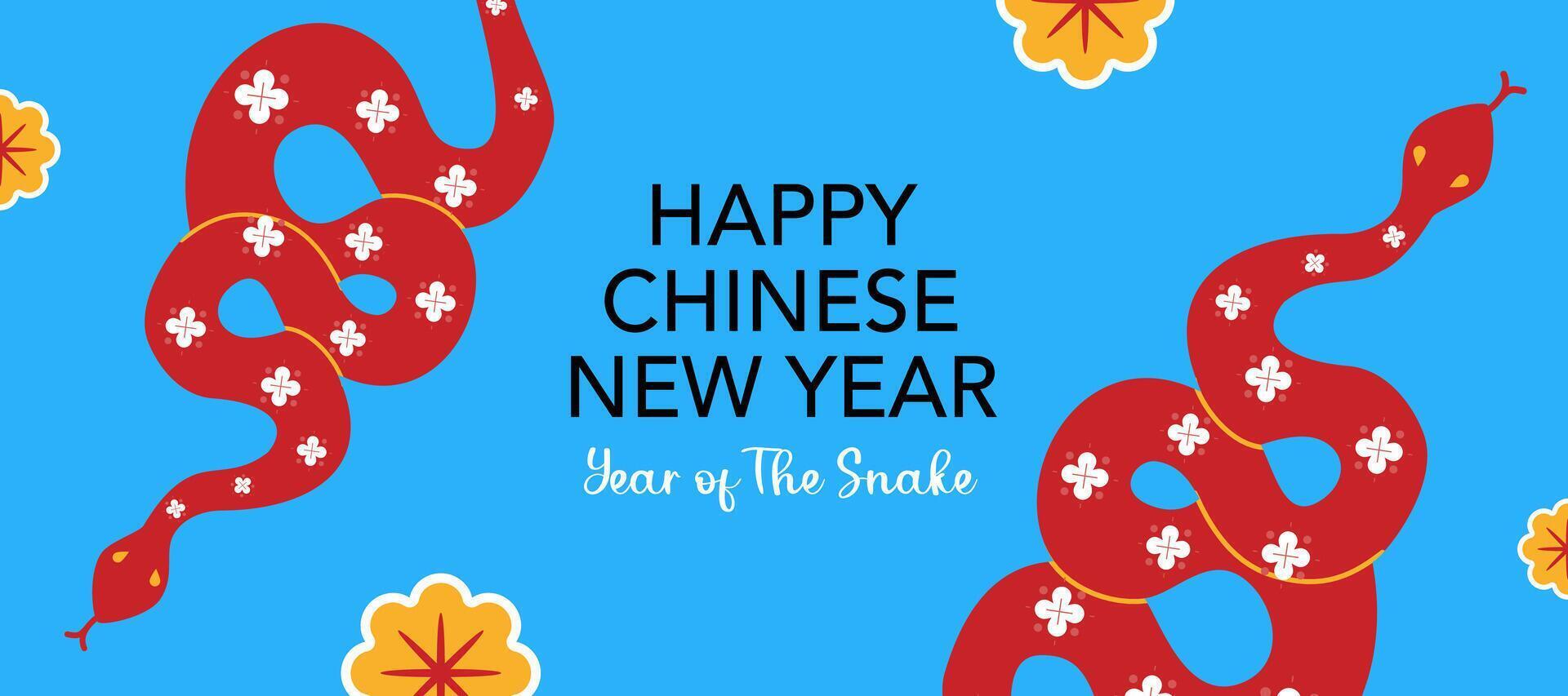 Happy Chinese New Year with snake and flowers illustration on blue background for banner, poster and greeting card. vector