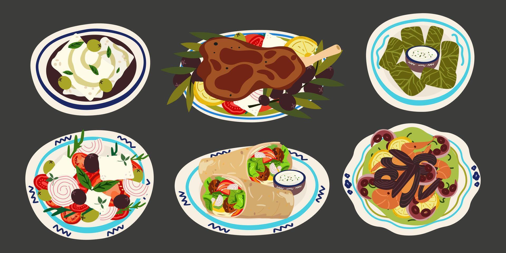 Greek Traditional Food Set. Greek Cuisine. Greek salad, moussaka, dolma, spanakopita, feta cheese, seafood. Greek traditional elements, food and dishes vector