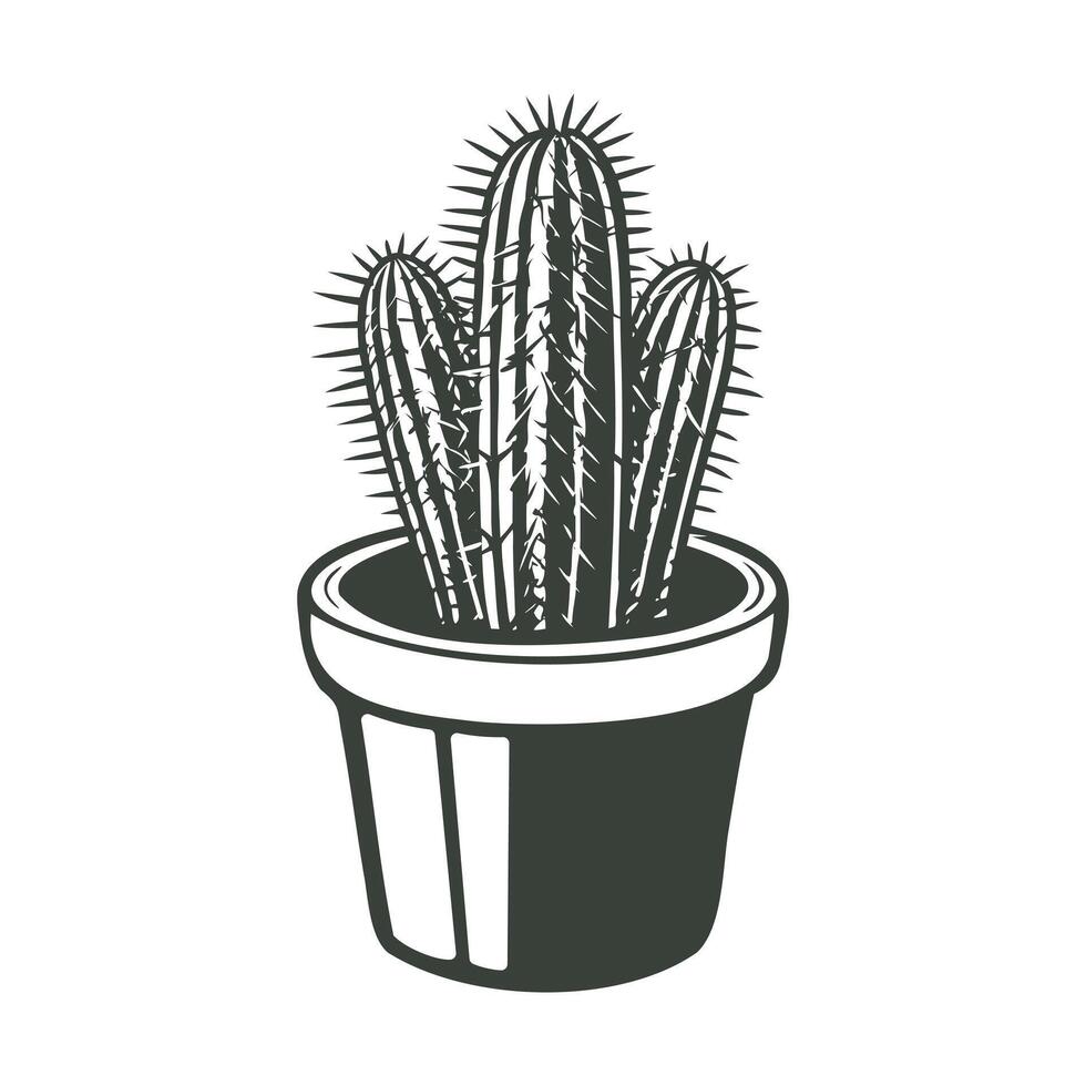 Cactus in a pot isolated on white background. Botanical element for interior design. Monochrome black and white illustration. vector