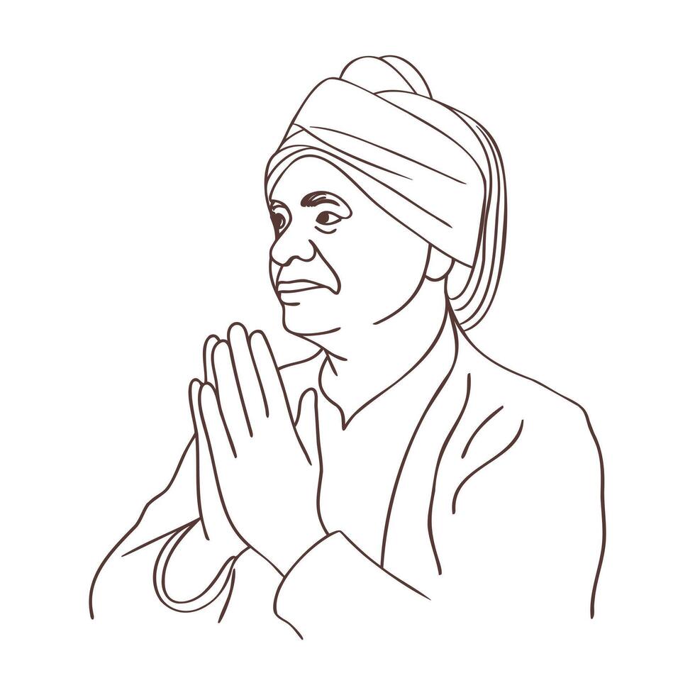 Portrait of a praying Muslim man in traditional clothing and turban. Elderly man. Sketch, illustration. vector