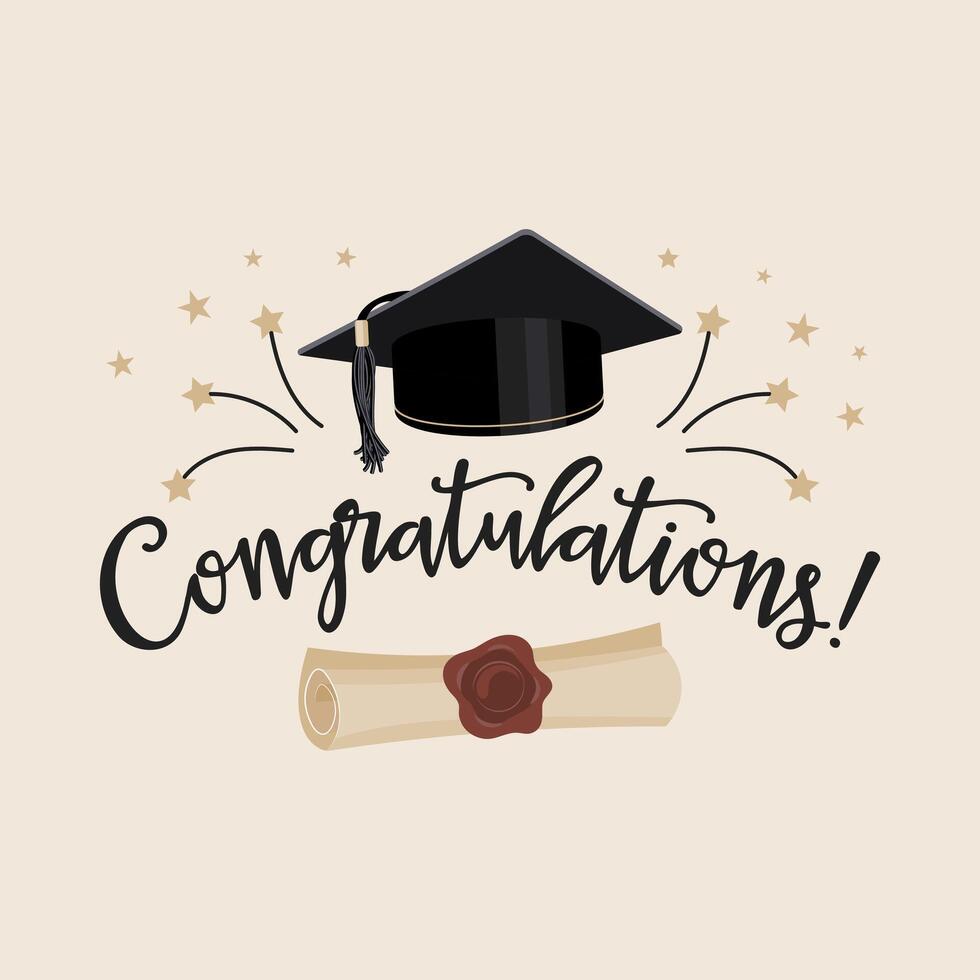 Congratulations on graduation design template, inscription with graduate's cap and certificate. Illustration, postcard. vector