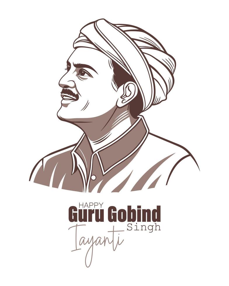 Guru Gobind Singh Jayanti celebration greeting card. Portrait of an Indian man in a traditional turban. vector