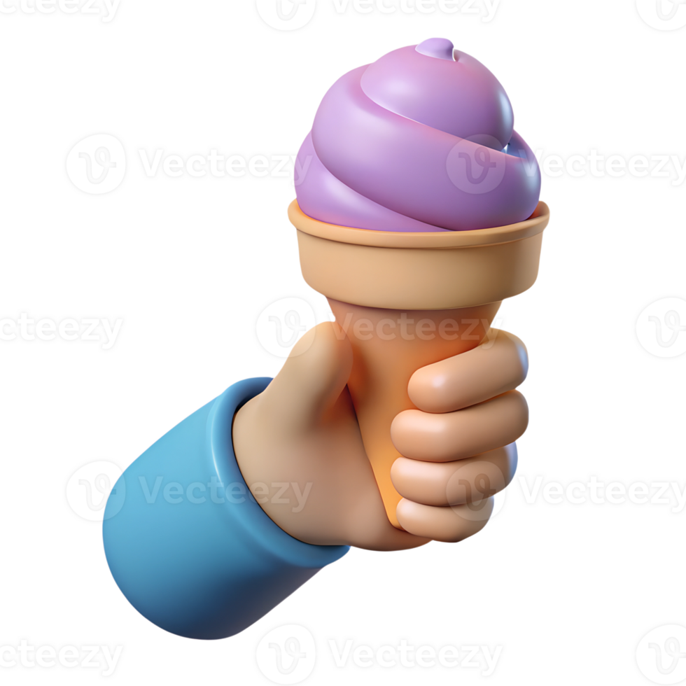 Human hand holding berry ice-cream cone 3d illustration isolated on the transparent background png