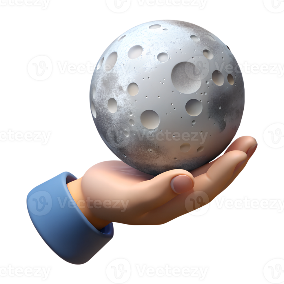 Human hand holding miniature version of moon 3d illustration isolated on the transparent background png