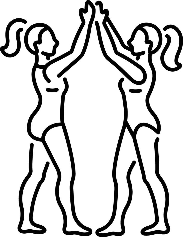 A line icon of two gymnastic women give high five to earth other vector