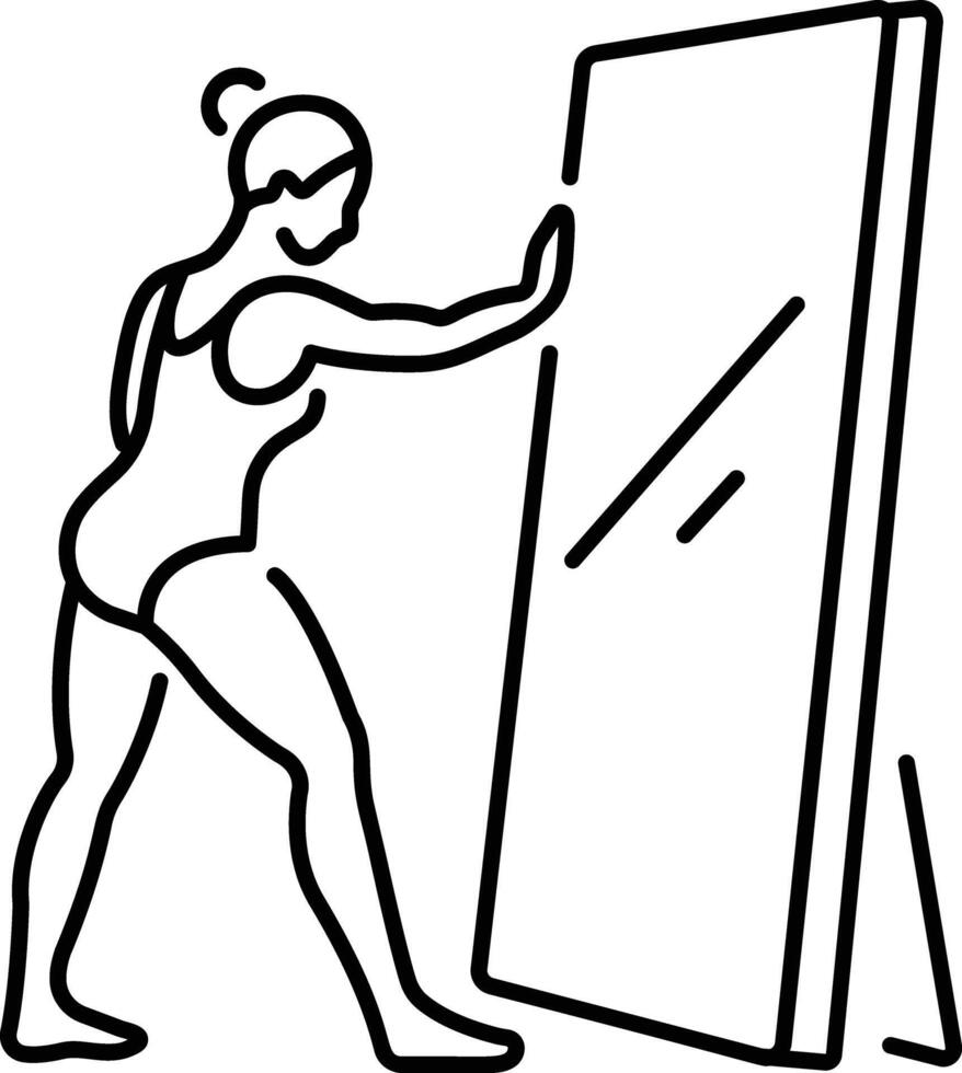 A woman checking her gymnast costume in mirror icon in linear style vector