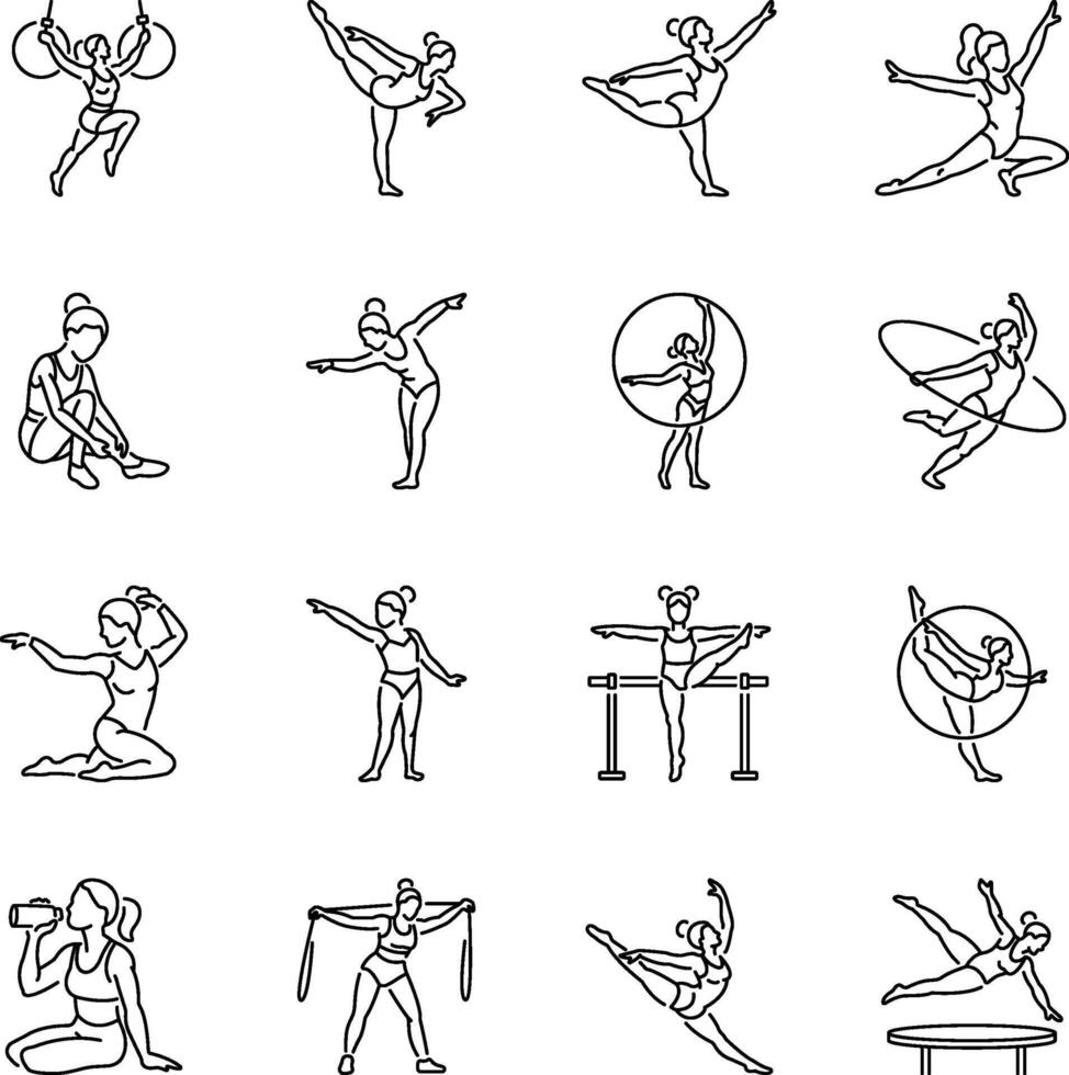 Set of Linear Style Women Acrobatics Icons vector