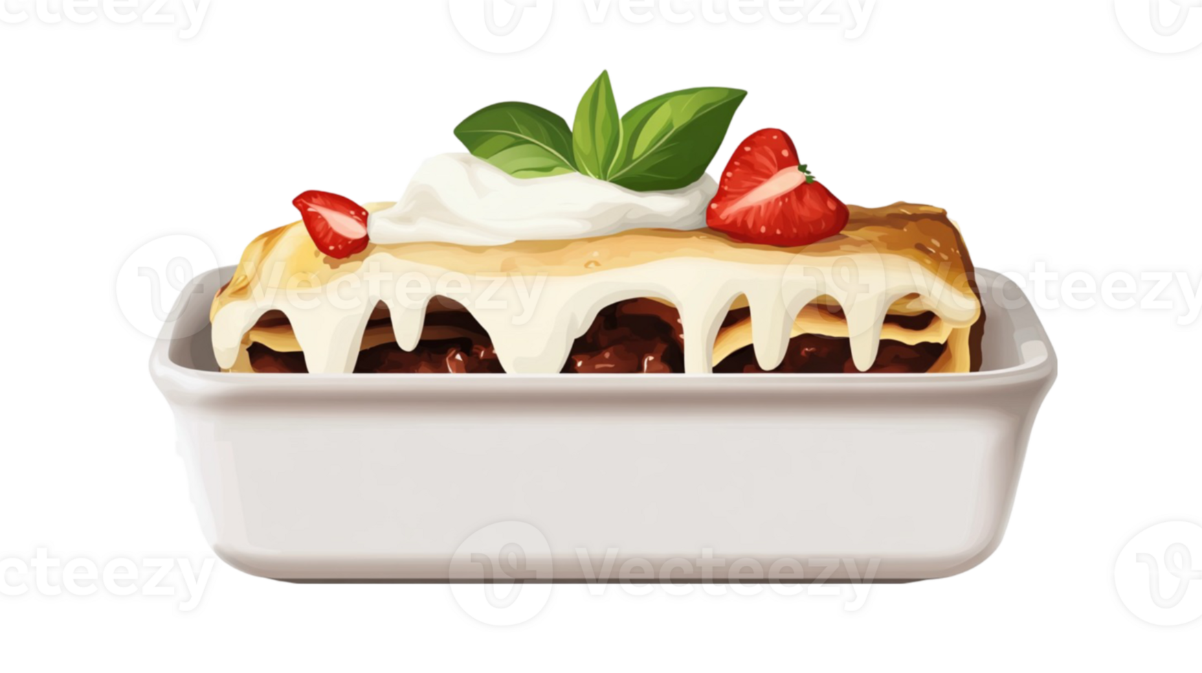 A creamy dessert in a white dish garnished with fresh fruit and mint leaves, perfect for sweet lovers. png
