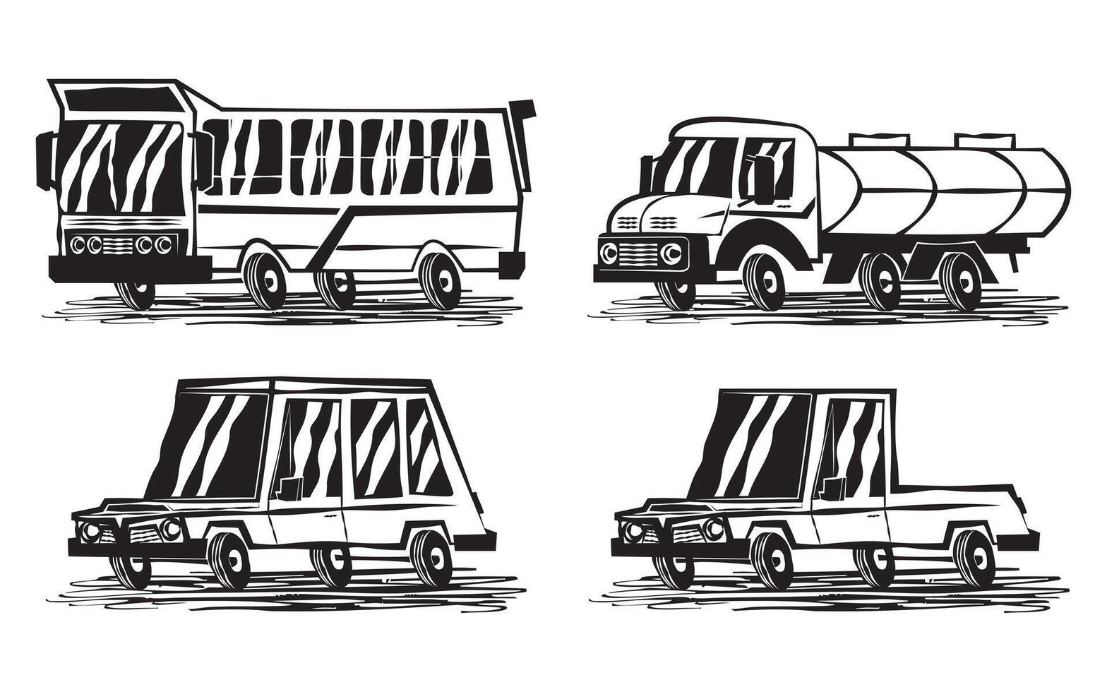 Illustration in cordel style with vehicles such as buses, tanker trucks, cars and pickup trucks. Woodcut art with rustic textures, representing typical scenes of rural Brazil vector