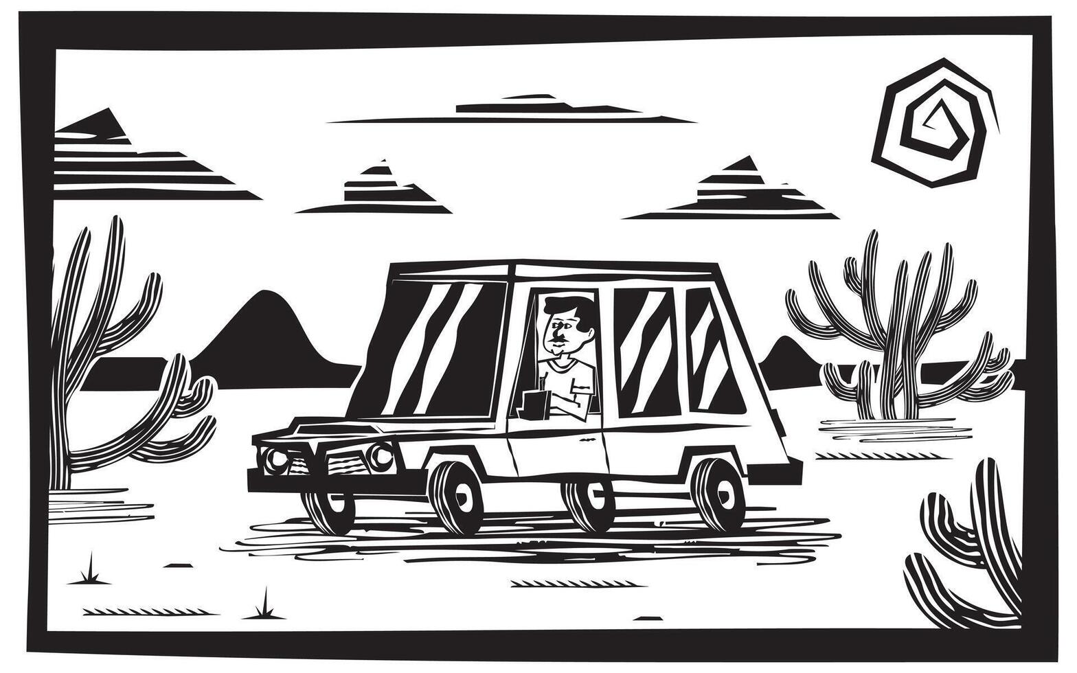 Cordel-style illustration of a man driving a car through a typical landscape of the Brazilian northeastern backlands. Woodcut art with traditional details and rustic textures vector