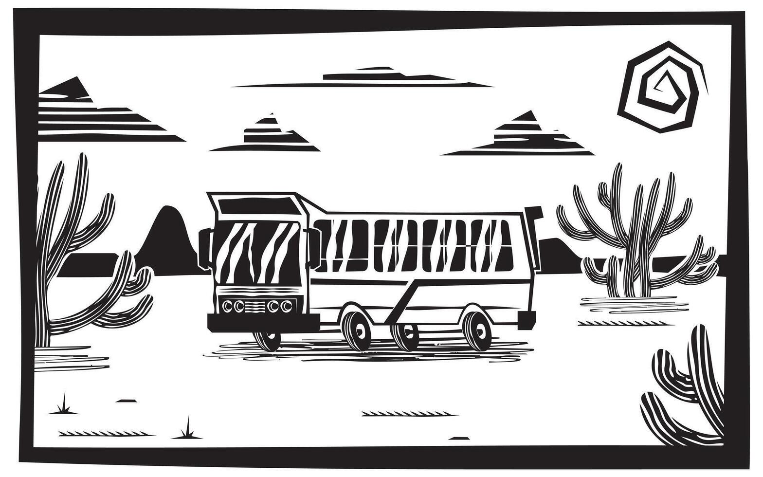 Illustration in cordel style showing a bus traveling along a road in the backlands of the Northeast. Woodcut art with rustic features, portraying the arid and cultural landscape of rural Brazil vector