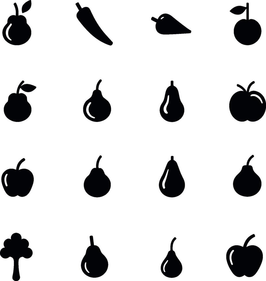Fruit icons set featuring apples, pears, and citrus slices in minimalist black and white style vector