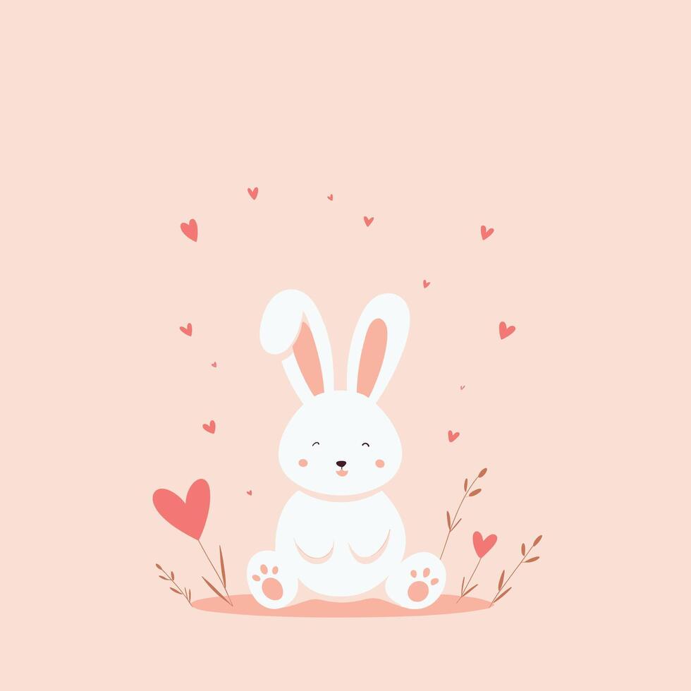 Cute Easter bunny illustration with colorful eggs and spring flowers vector