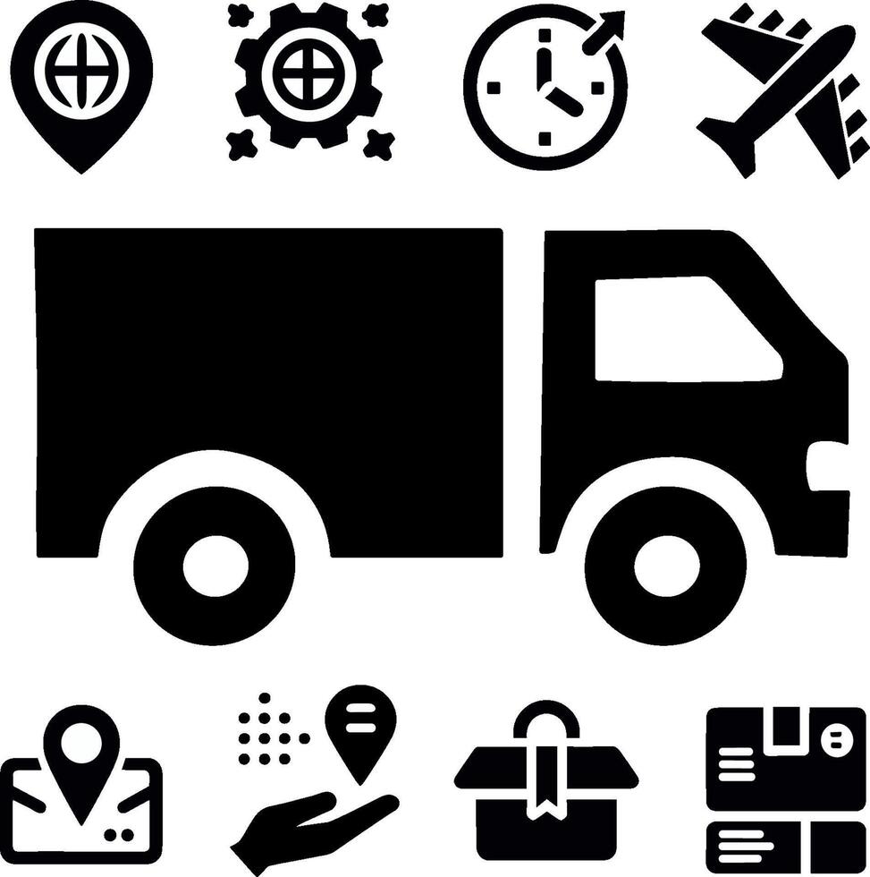 Delivery and logistics icon set with truck, airplane, and package vector