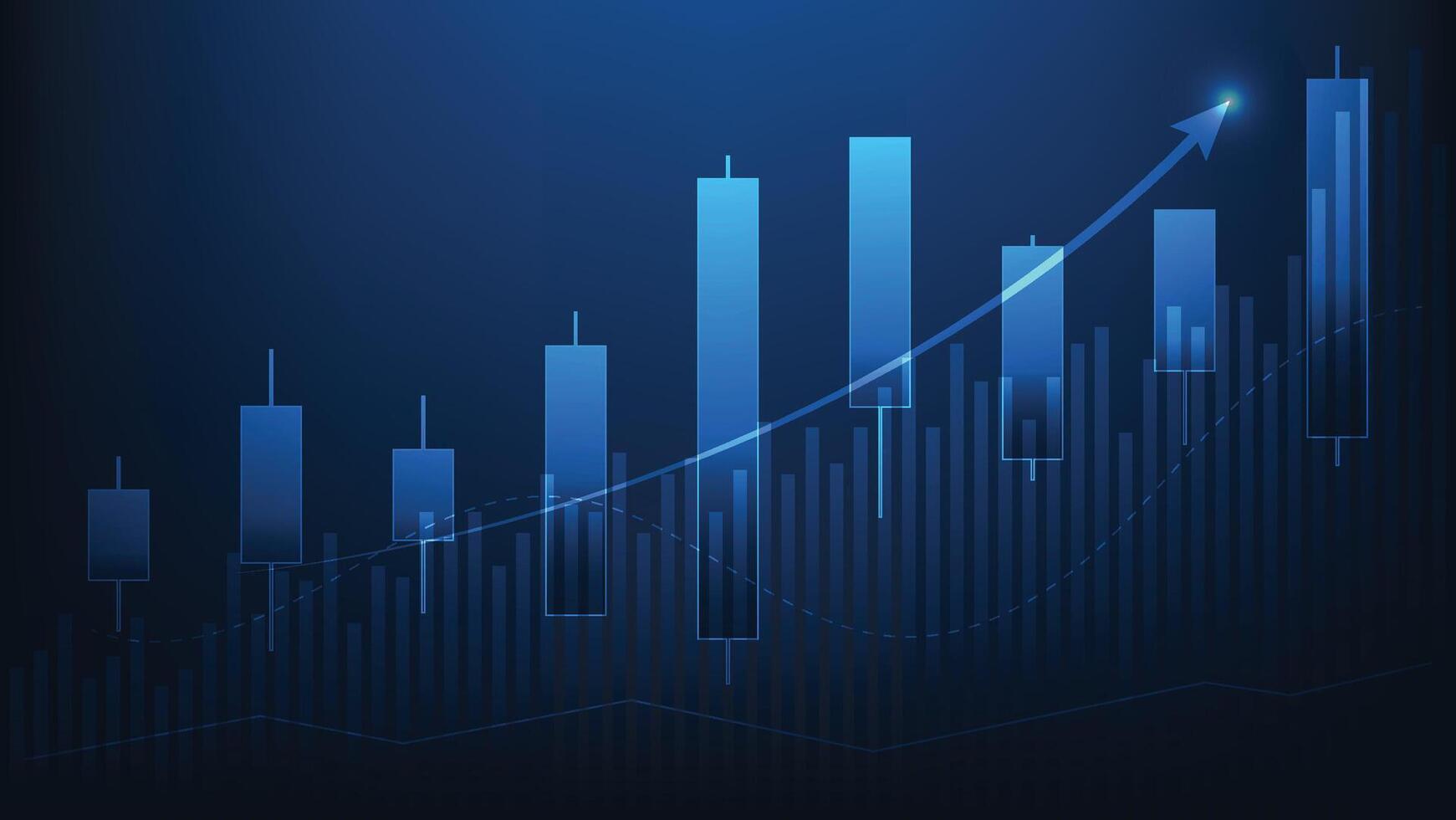 candlesticks and bar chart on blue background with arrow up vector