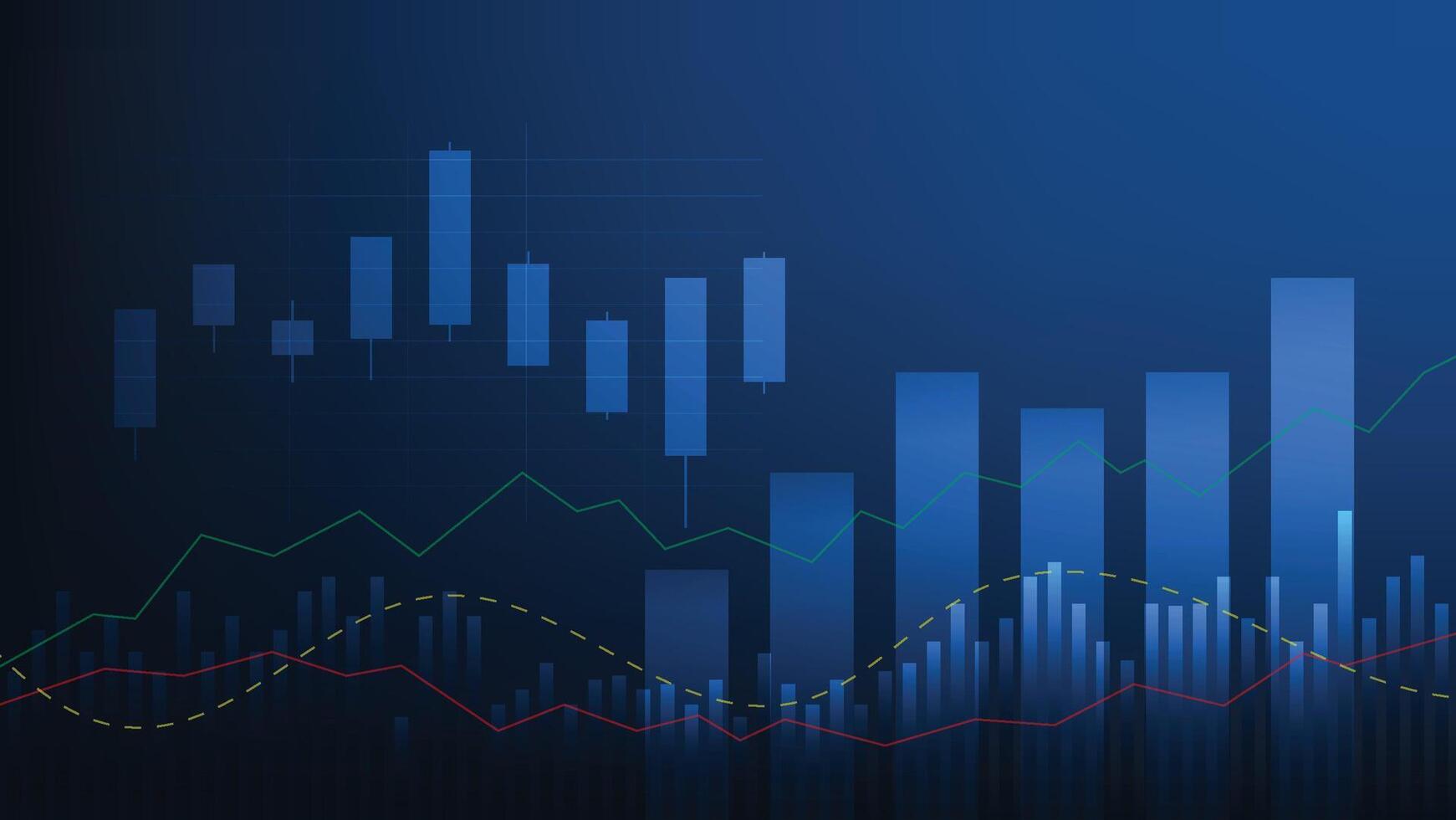 business finance background. bar graph and candlesticks chart with indicator lines on blue background vector