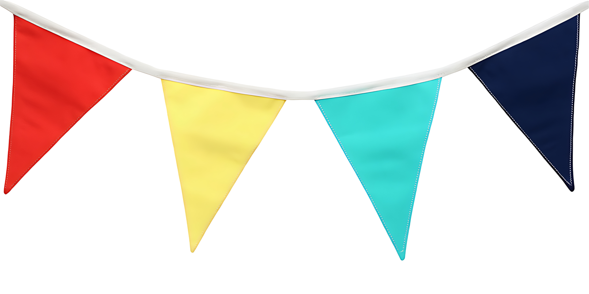 A festive bunting with red, yellow, turquoise, and blue triangular flags hanging from a white string png