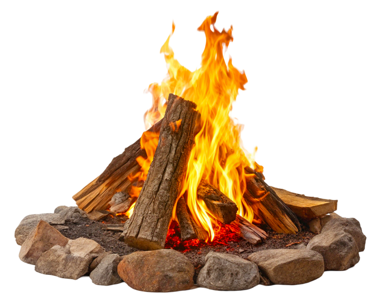 A crackling campfire with dancing flames surrounded by a ring of rocks png