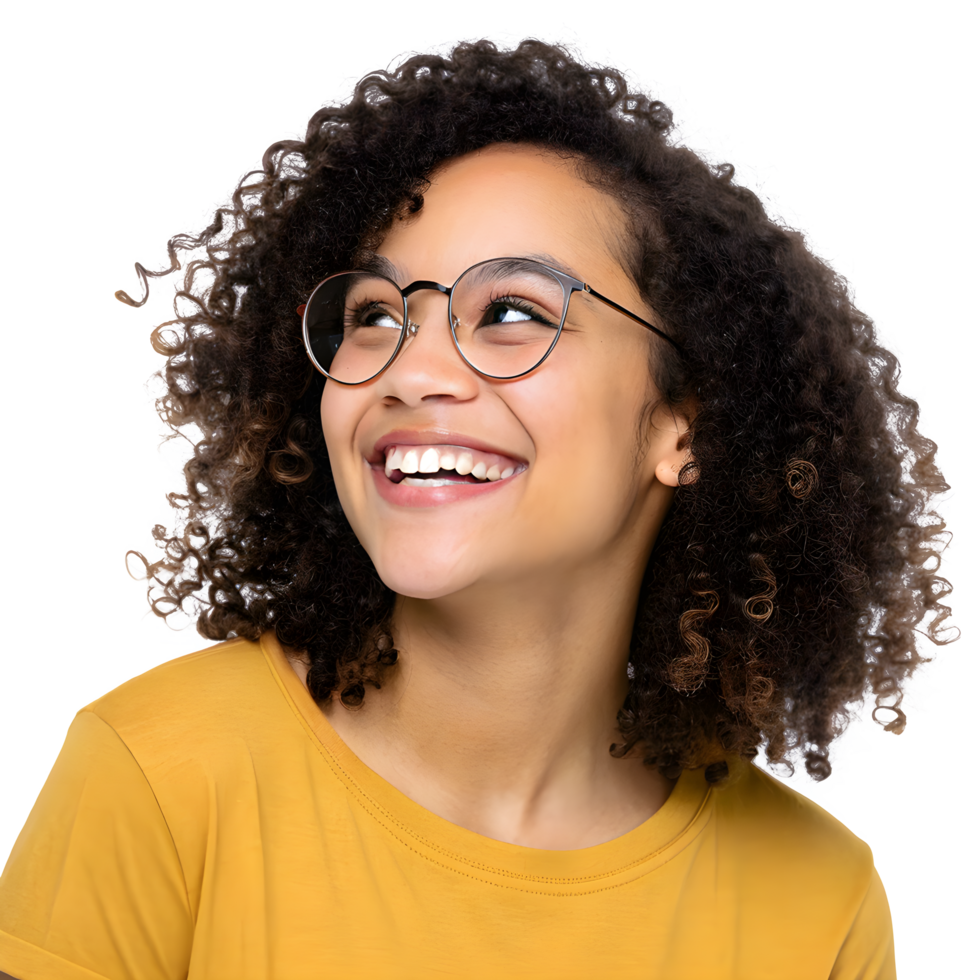 Happy Smiling Woman with Curly Hair Wearing Glasses and Yellow Shirt png