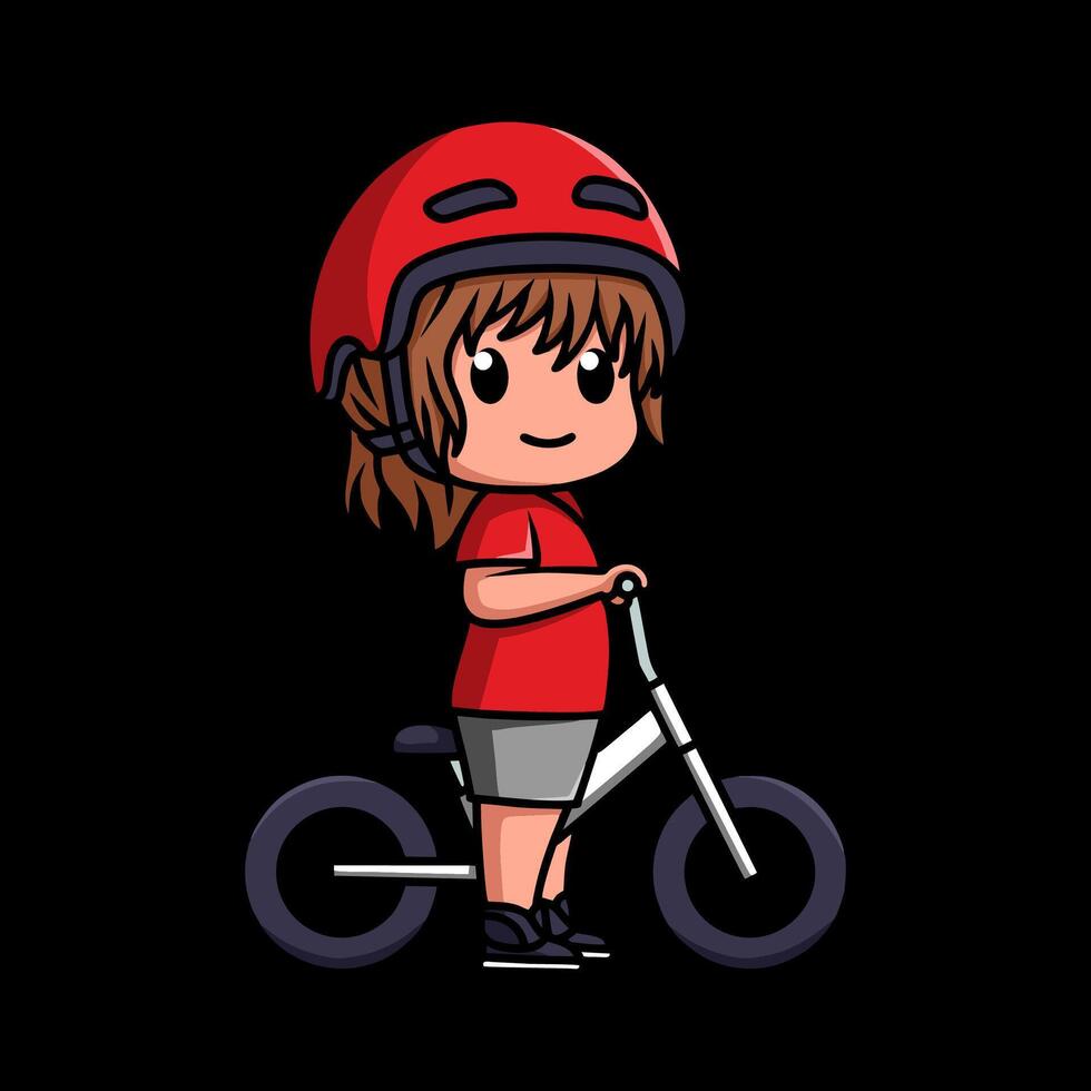 Chibi kawaii character of a little girl riding a balance bike or push bike in black background vector