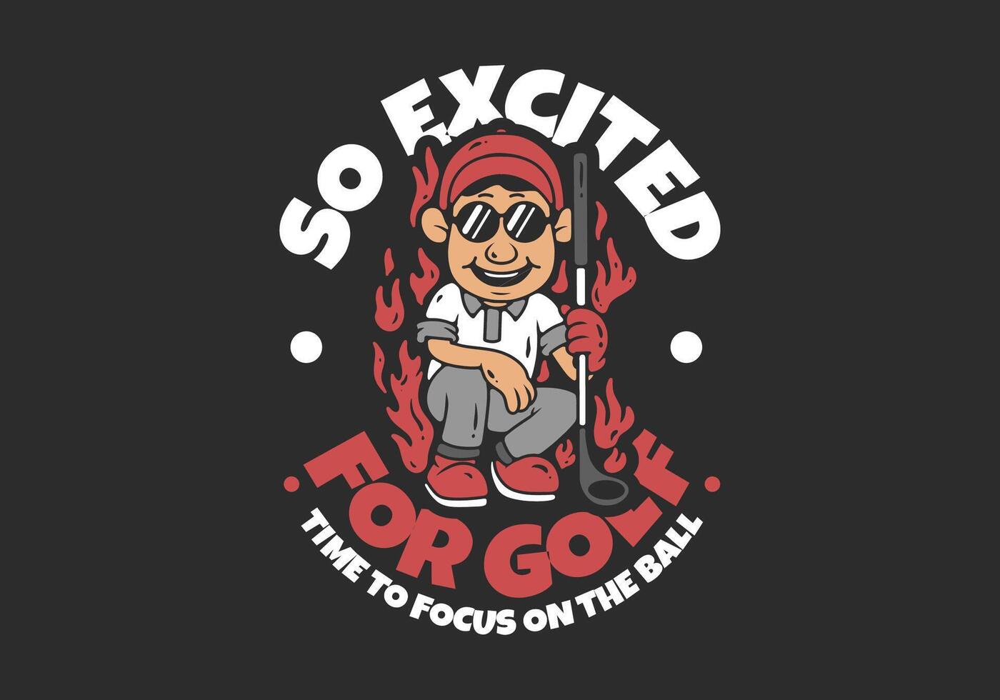 So exited for golf. Golf boy character with fire flame illustration. On red white grey colors vector