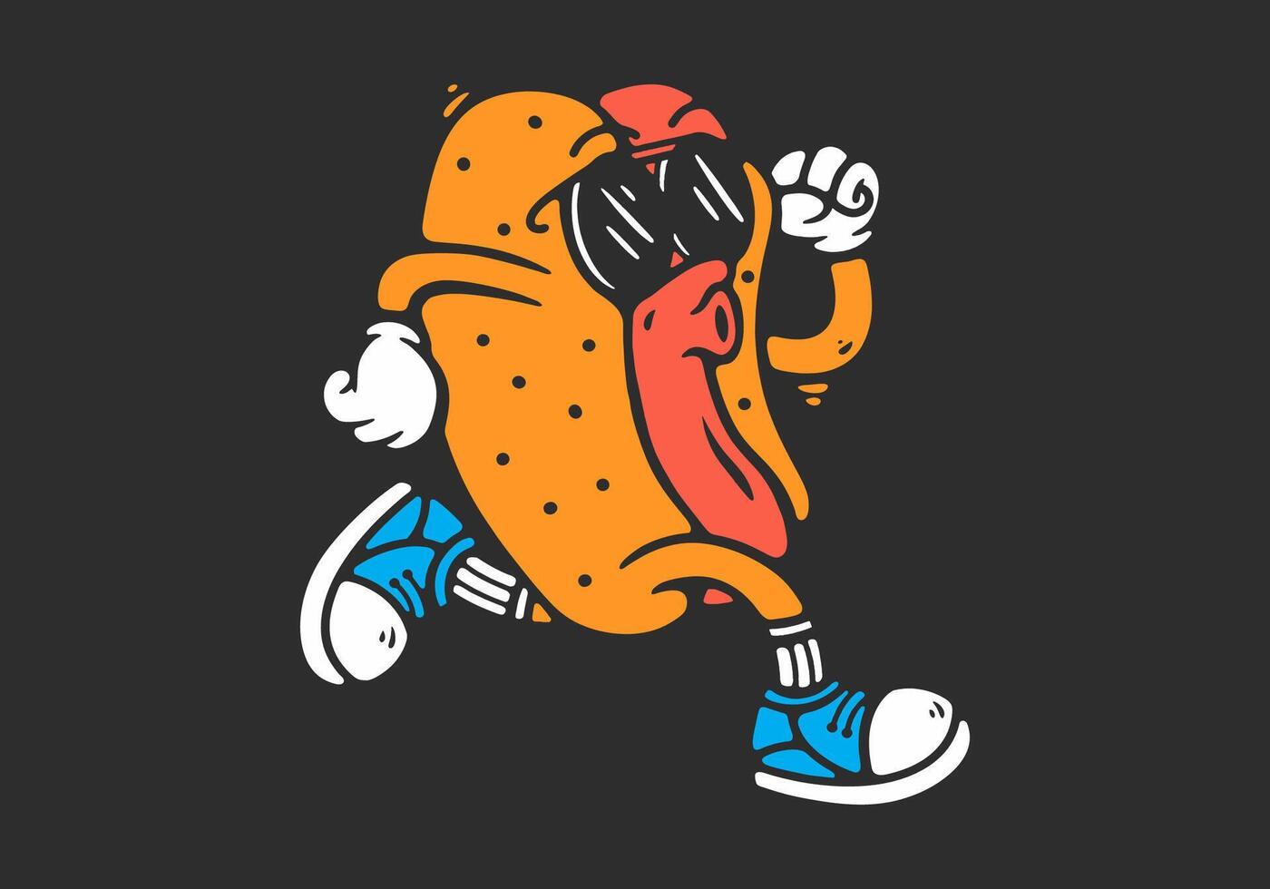 Hot dog with sunglasses character in running pose with dark background vector