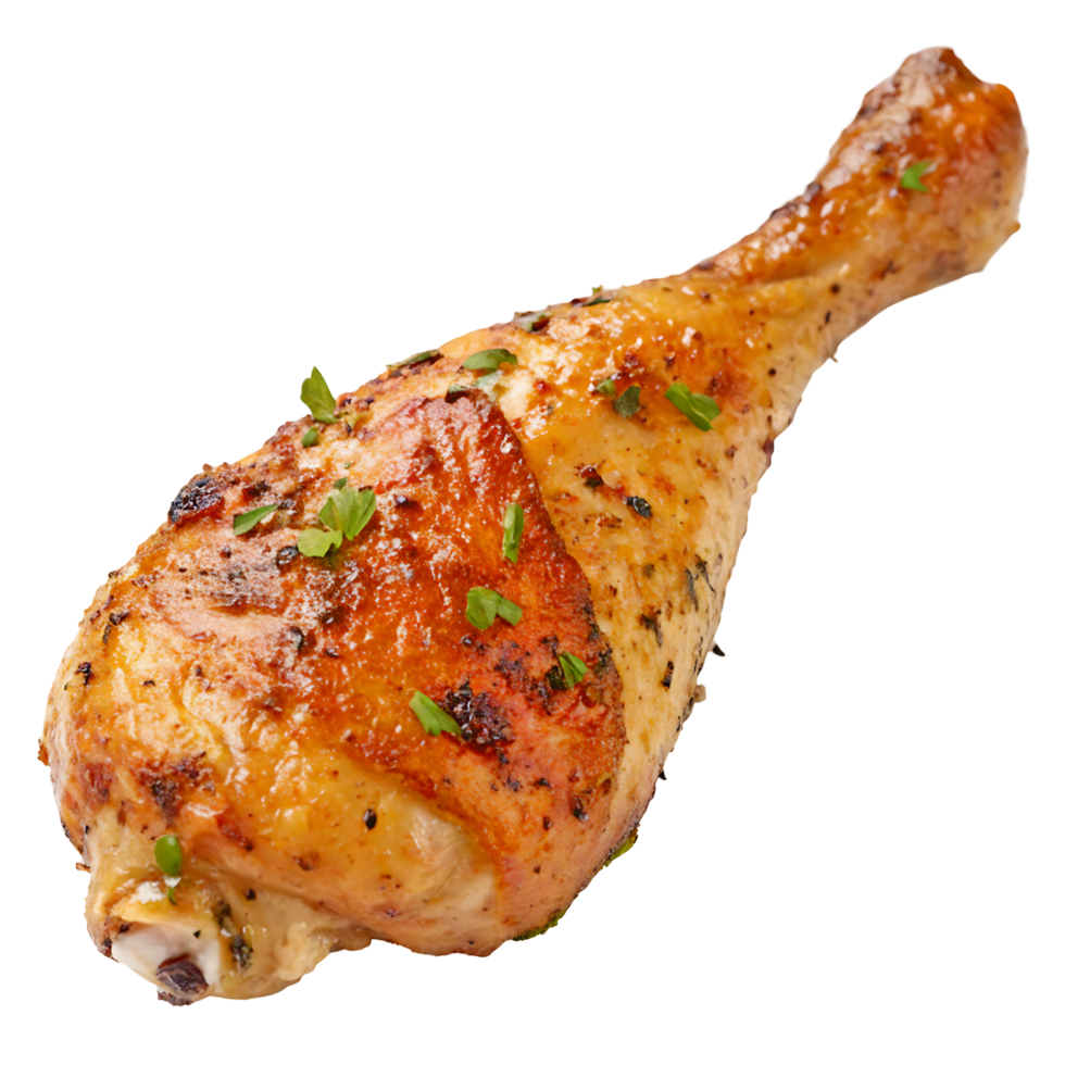 A perfectly roasted chicken leg or drumstick with crispy skin and a hint of fresh herbs png