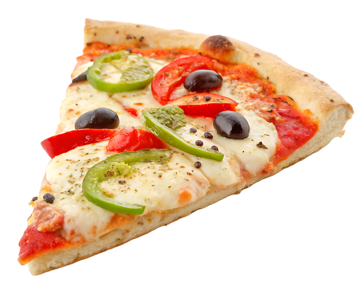 A single slice of a delicious pizza topped with cheese, tomatoes, peppers, olives, and herbs png