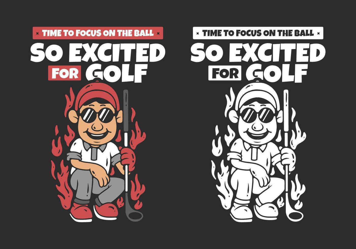 So exited for golf. Golf boy character with fire flame illustration. red white grey colors vector