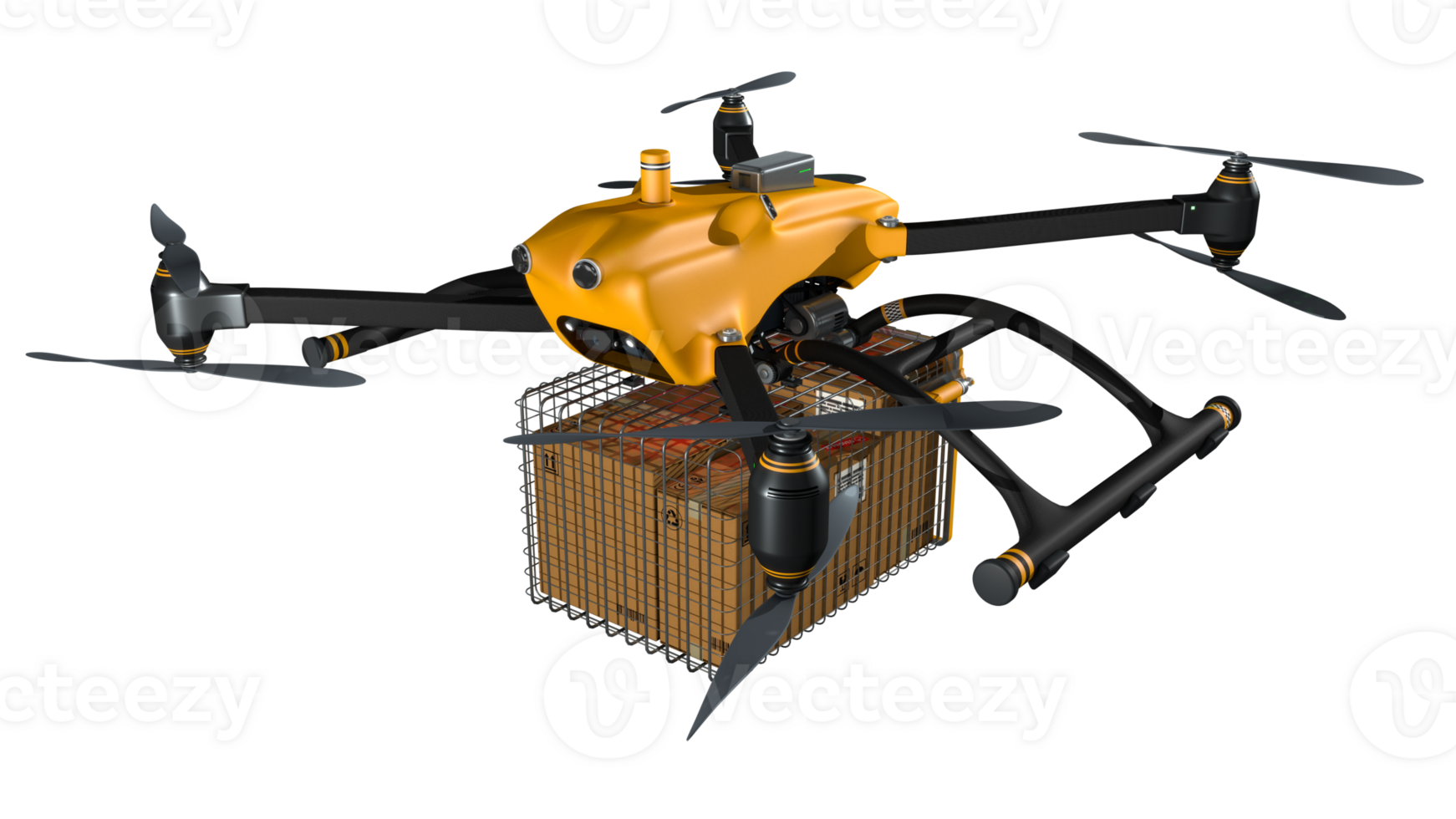 Yellow delivery drone carrying 3 parcel boxes inside its metal basket at the bottom of the drone. 3d Illustration png