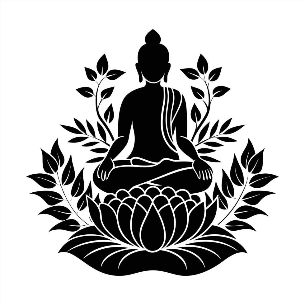 statue of buddha sits on a rock with flowers vector