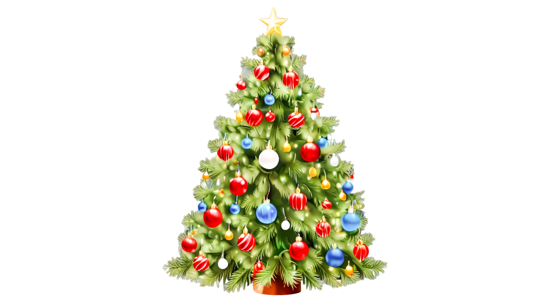 A cheerful Christmas design showcasing a decorated tree, twinkling lights, and red and green festive decorations. png