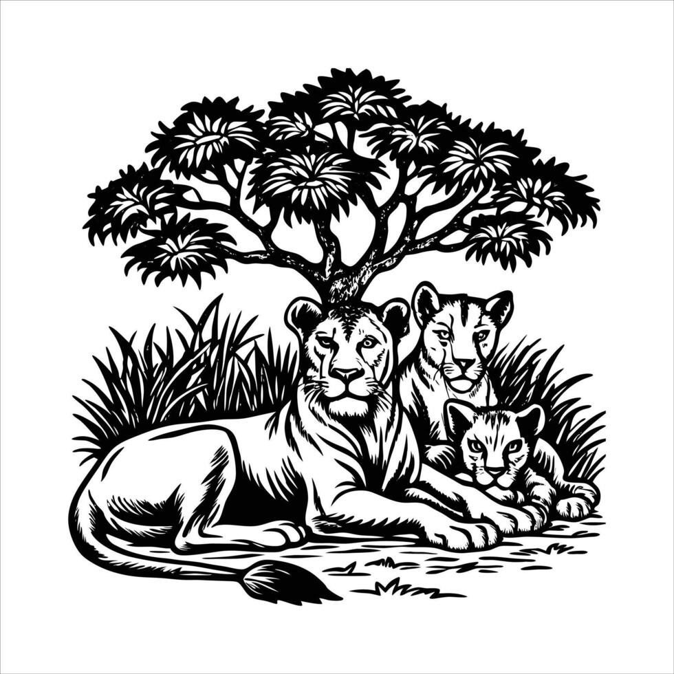 Lioness with Cubs. vector