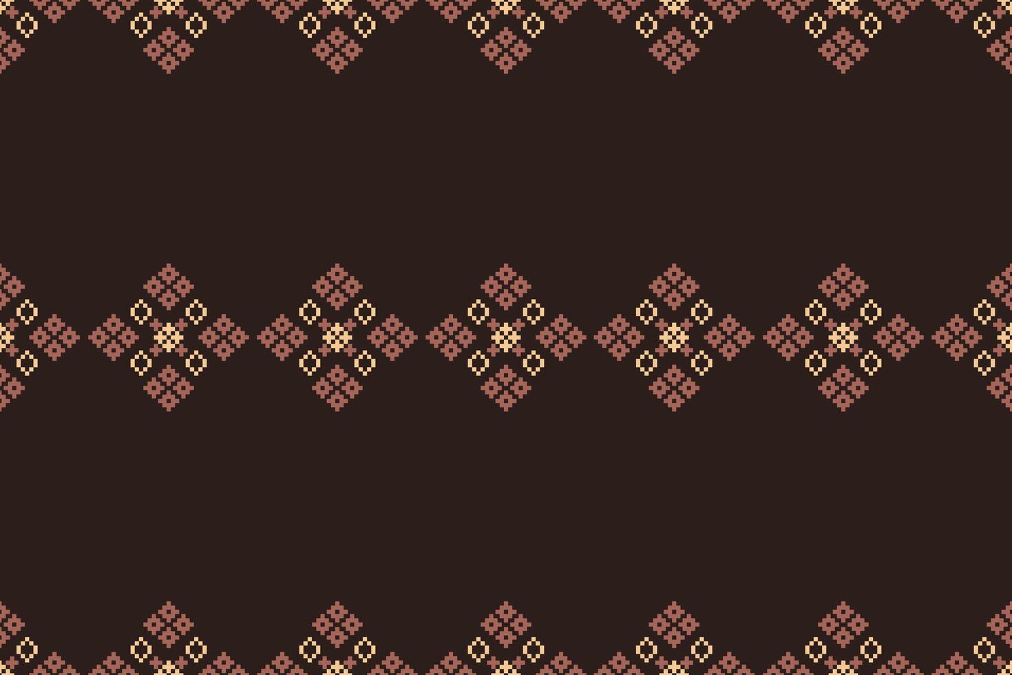 Fabric pixel pattern art cross stitch brown color background ethnic design. vector
