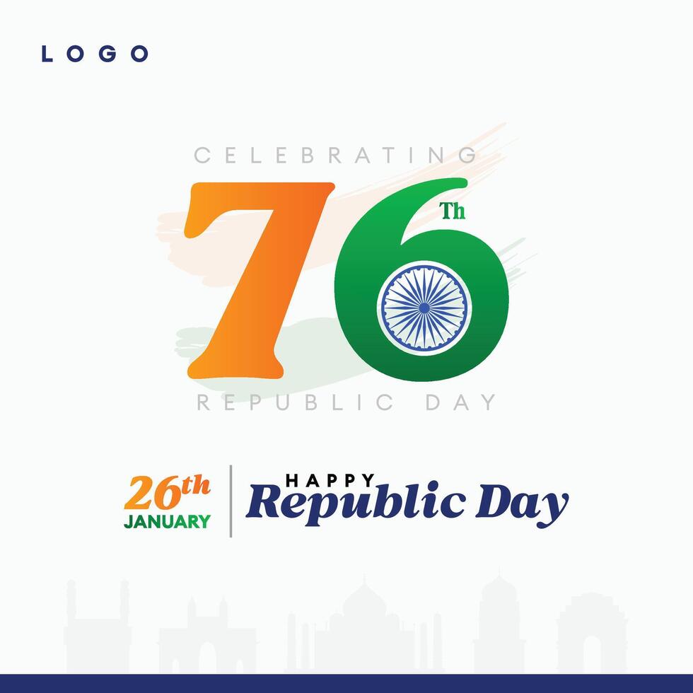 Celebrate India's 76th Republic Day with this clean and modern design, featuring a bold '76' in tricolor, symbolizing India's progress and patriotism. vector