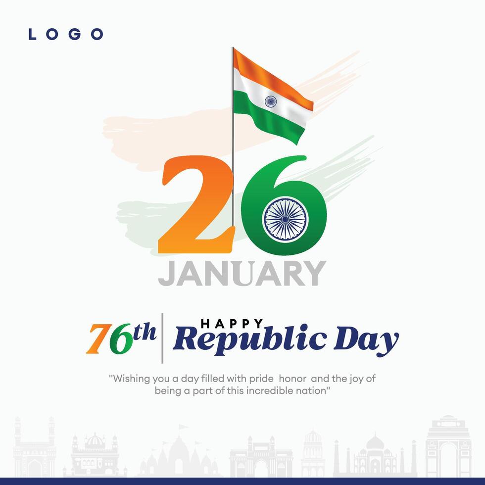 Celebrate India's 76th Republic Day 26 january with this clean and modern design, featuring a bold '26' in tricolor, symbolizing India's progress and patriotism. vector